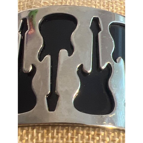 Silver Tone Black Acrylic Cuff Bracelet Cutout Guitar Rock & Roll Unisex 6" - Picture 2 of 5